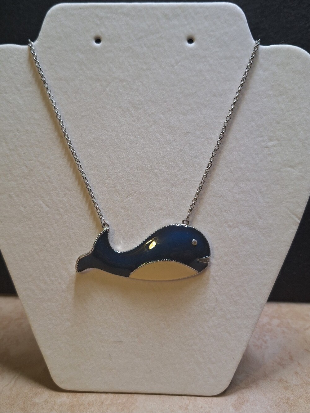 Enamel Blue White Whale Pendant Necklace Open Mouth Rhinestone Eye 3"L